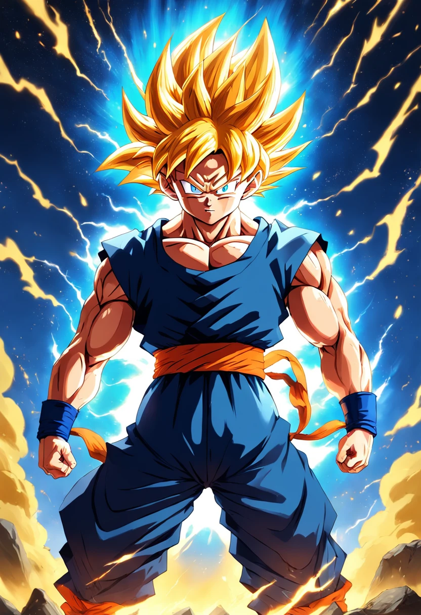 uma obra de arte detalhada de Son Goku como super saiyajin liberando uma imensa quantidade de energia em cima de uma montanha. Energia azul e amarela.