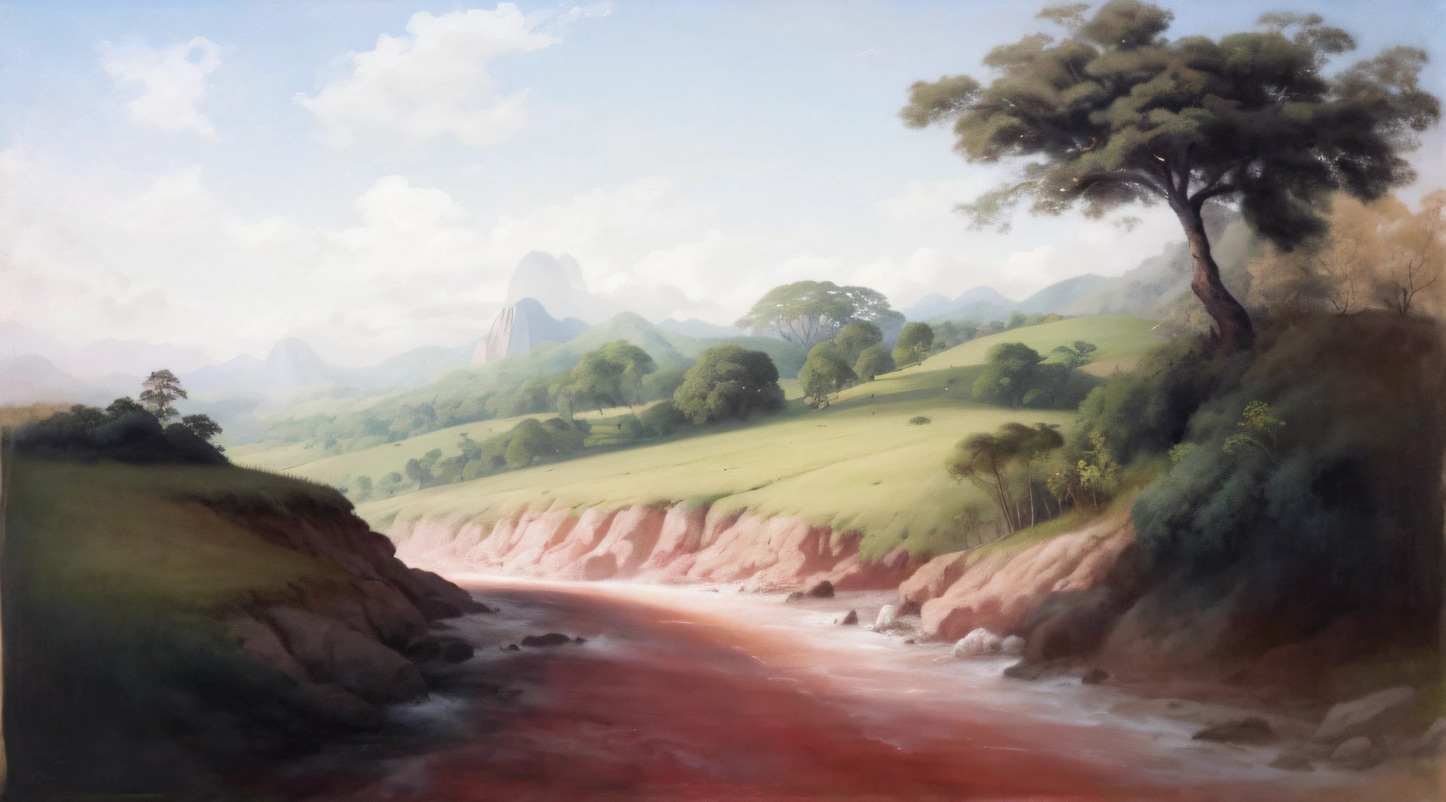 pintura de um rio que atravessa um vale verde exuberante com montanhas ao fundo, colinas fluidas, 8k resolution digital painting, 8k resolution digital painting, Pintura digital 4K, Pintura digital 4k, pintura digital detalhada, baixo detalhamento. pintura digital, Pintura Digital de Alto Detalhe, peaceful landscape, rio, trees and hills, pintura detalhada 4K, pintura digital 4k