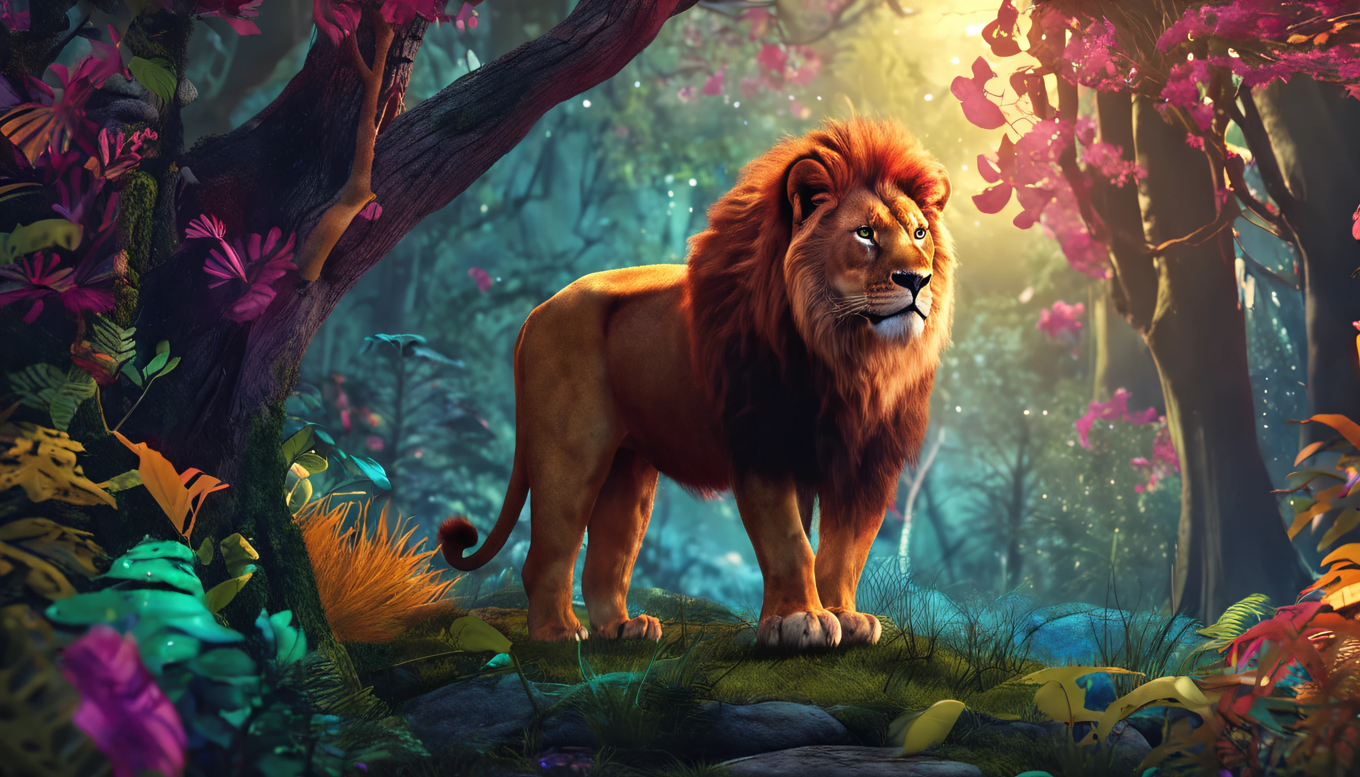 Enchanted forest with lion in drawing