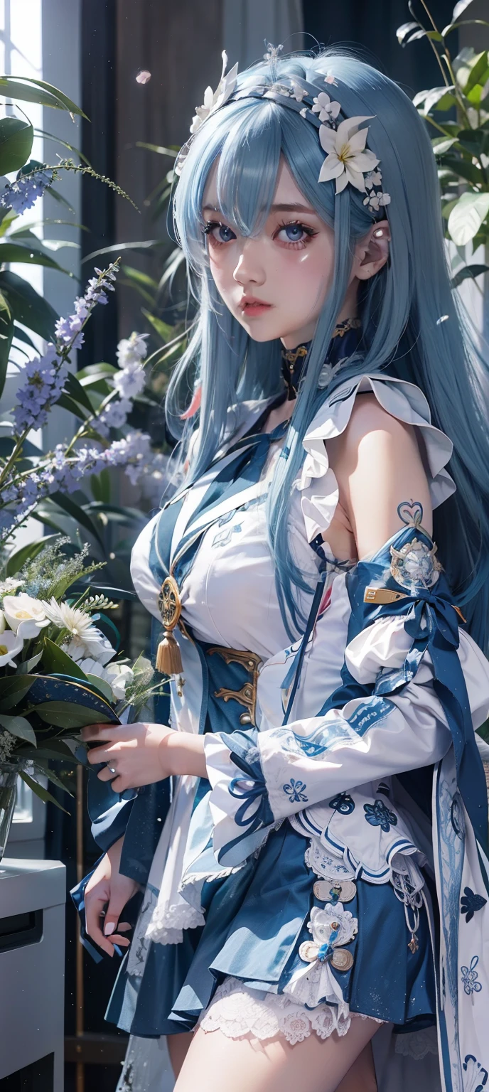 Close-up of a girl with long blue hair in a sailor's costume, an anime drawing inspired by Rei Kamoi, trending on pixiv, tachisme, Anime girl cosplay, Anime girl in real life, long white hair, Perfect white haired girl, She has a cute face, anime-inspired, She has milky white skin!!!, as an anime character,Wear refreshing, cool and less cloth,Super big breasts,exposed