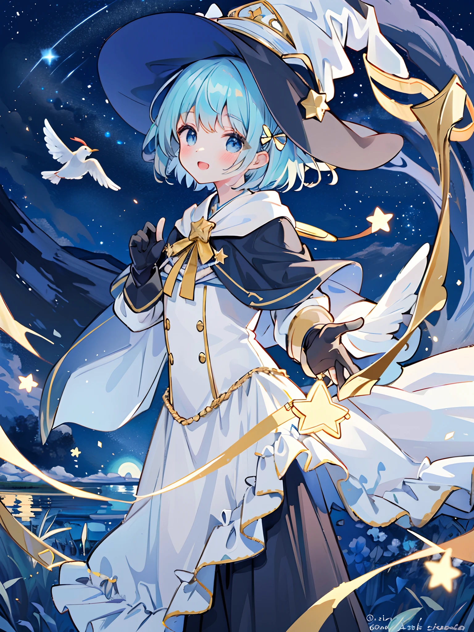 ((masterpiece:1.2, best quality)), 1girl, solo, (witch hat), a close up of a girl with short blue hair, short hair, dress, aurora, night, star (sky), gloves, sky, white dress, night sky, open mouth, starry sky, light blue eyes, ribbon, very shorthair, red dress, smile, hair ribbon, cape, blue hair, (bird), magic, casting spell, dark clouds, night, (impressionism:1.4), alphonse mucha,