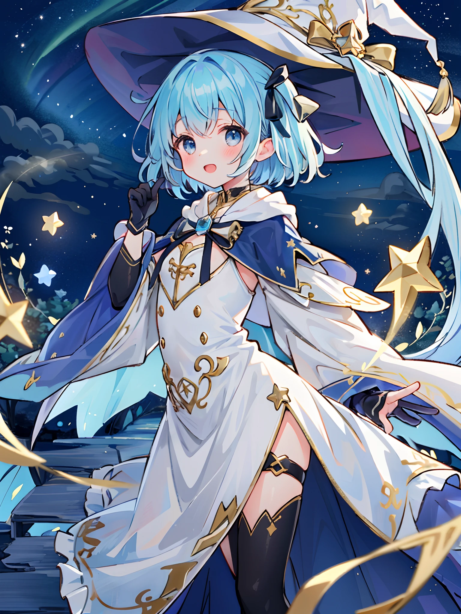 ((masterpiece:1.2, best quality)), 1girl, solo, (witch hat), a close up of a girl with short blue hair, short hair, dress, aurora, night, star (sky), gloves, sky, white dress, night sky, open mouth, starry sky, light blue eyes, ribbon, very shorthair, red dress, smile, hair ribbon, cape, blue hair, (bird), magic, casting spell, dark clouds, night, (impressionism:1.4), alphonse mucha,
