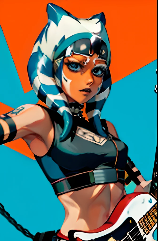 "A solo shot featuring 1girl, blue eyes, orange skin, tentacle hair , a punkrocker showcasing her skills shredding the guitar"