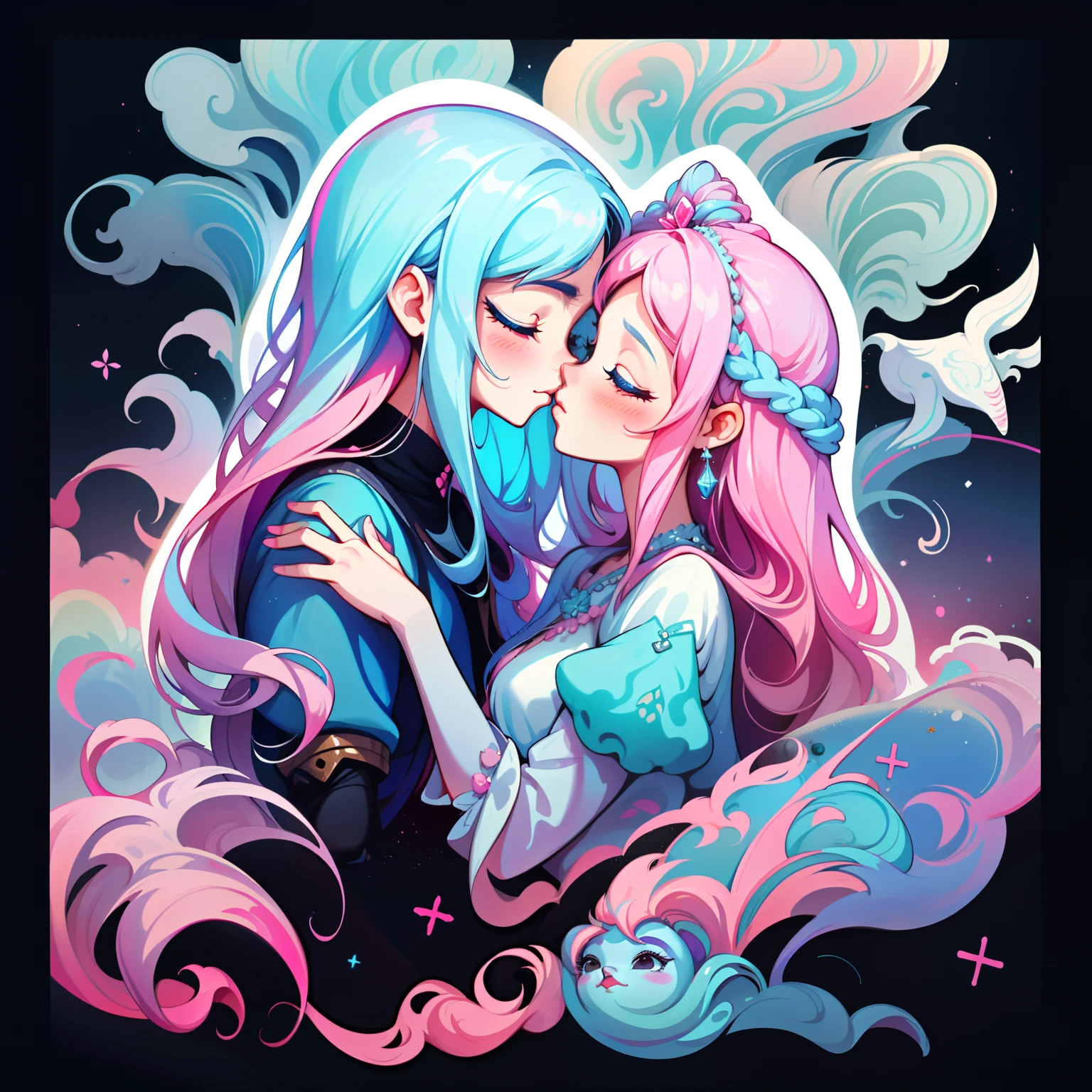 Dreamy, dreamy cute, pale, Haze, (masterpiece, Highest quality, Highest quality, watercolor (Moderate), Upper Body, kiss, Lesbian, yukata, pattern, break, (Rainbow Hair: 1.2), break, Soap bubble, Rainbow behind, cloud, colorful, Soap bubble, Spread throughout, cute, pastel, cute room, sweets, fluffy