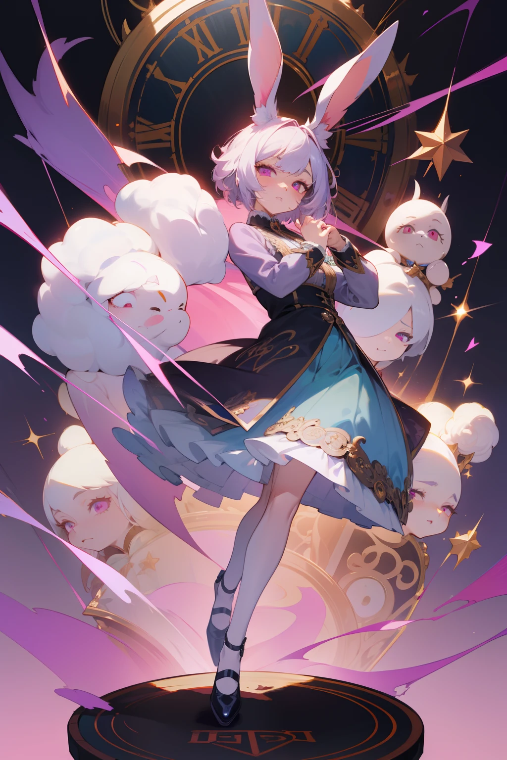 tmasterpiece, White hair anime female character with rabbit ears, , Shows fullness , Jacket, stretch pose, with a dynamic pose ((full bodyesbian)) , white colors、Red and purple,, trending on artstation pixiv, 2 d anime style, Anime character art, detailed anime character art, ultra - detailed, No ugly hands, Pretty face, Exposed short hair , Detailed hands , Detailed face , in blouse wearing , Meticulous shoes , Detailed eyes.Pink eyes,Gorgeous clock decoration,florals,Large skirt,fluffly,large scene,opulent,opulent,opulent,Blue Fairy,Stylish skirt,Clock decoration,,pocketwatch,Blue star,Brilliant night sky,Purple eye,long white hair --v6