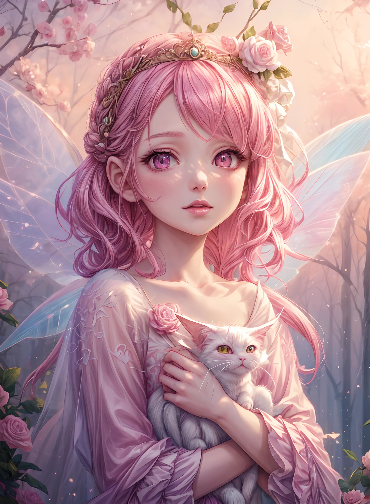 there is a girl with pink hair holding a white cat, portrait of fairy, portrait of a fairy, beautiful fairy, adorable digital painting, cute digital art, portrait of fairy princess, of an beautiful angel girl, cute detailed digital art, beautiful fairie, beautiful fairies, beautiful angel girl portrait, beautiful angel, faerie, beeple and jeremiah ketner