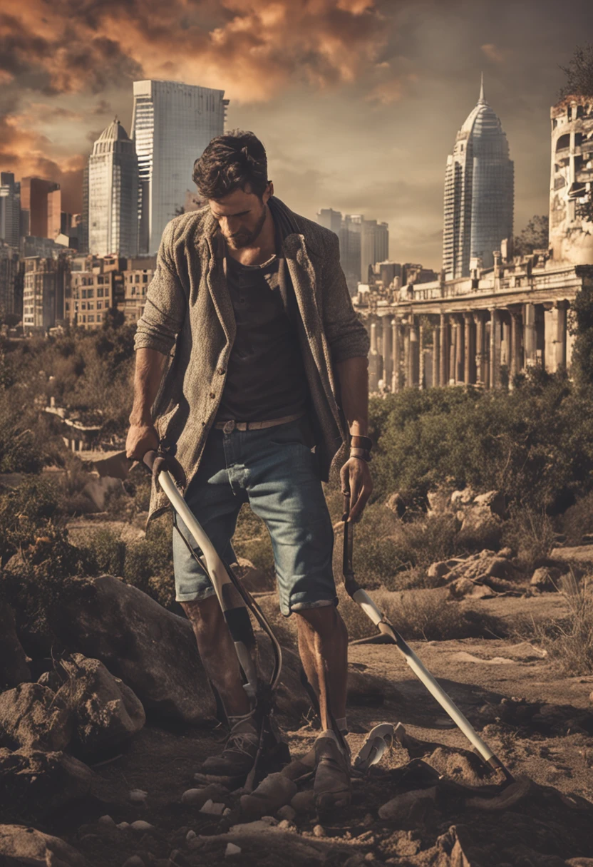 eu preciso de uma foto de um homem, sem ser sexy, with the arm in plaster and using crutches, vestido com roupa social.