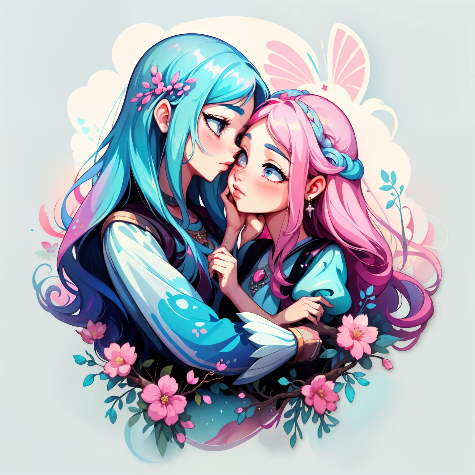 adesivo, fundo simples, portrait, 2 girls, couple, kissing, girl with long hair, beautiful princess girl, princess aesthetic, beautiful girl, very beautiful fantasy art, beautiful and elegant female princess, beautiful detailed fantasy, pink and blue color palate, pink color-theme