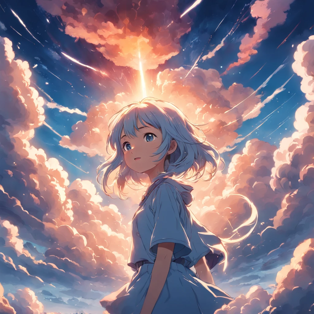 masterpiece, best quality, movie still, 1girl, cloud girl, floating in the sky, close-up, bright, happy, warm soft lighting, sunset, (sparks:0.7)