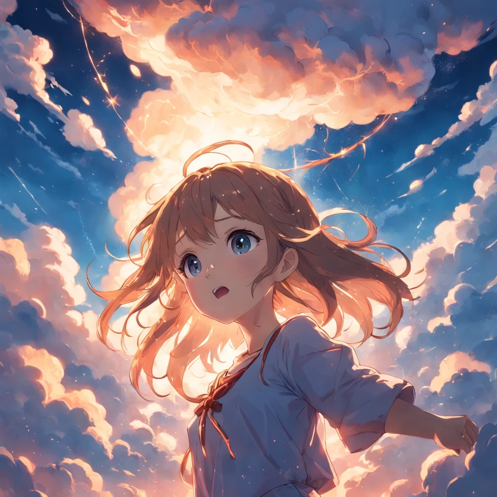 masterpiece, best quality, movie still, 1girl, cloud girl, floating in the sky, close-up, bright, happy, warm soft lighting, sunset, (sparks:0.7)