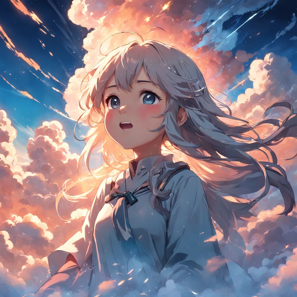 masterpiece, best quality, movie still, 1girl, cloud girl, floating in the sky, close-up, bright, happy, warm soft lighting, sunset, (sparks:0.7)