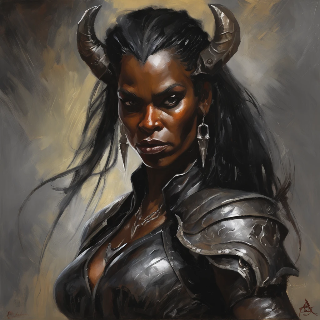 a dark female tiefling, evil eyes, wearing leather black armor, dark silver, pale dark skin, bright eyes, intricate horns, black hair flowing, long hair, athletic, muscular, hot, malicious eyes, epic angle, dark background, medieval fantasy, art by Alan Lee