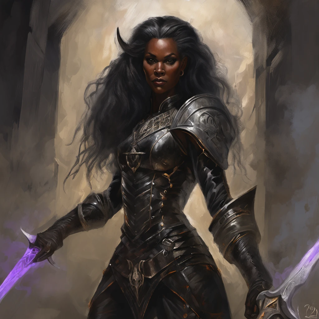a dark female tiefling, evil eyes, wearing leather black armor, dark silver, pale dark skin, bright eyes, intricate horns, black hair flowing, long hair, athletic, muscular, hot, malicious eyes, epic angle, dark background, medieval fantasy, art by Alan Lee