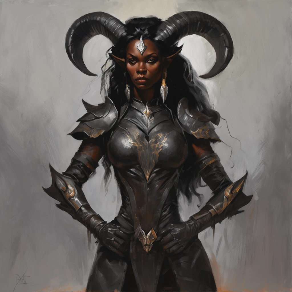a dark female tiefling, evil eyes, wearing leather black armor, dark silver, pale dark skin, bright eyes, intricate horns, black hair flowing, long hair, athletic, muscular, hot, malicious eyes, epic angle, dark background, medieval fantasy, art by Alan Lee