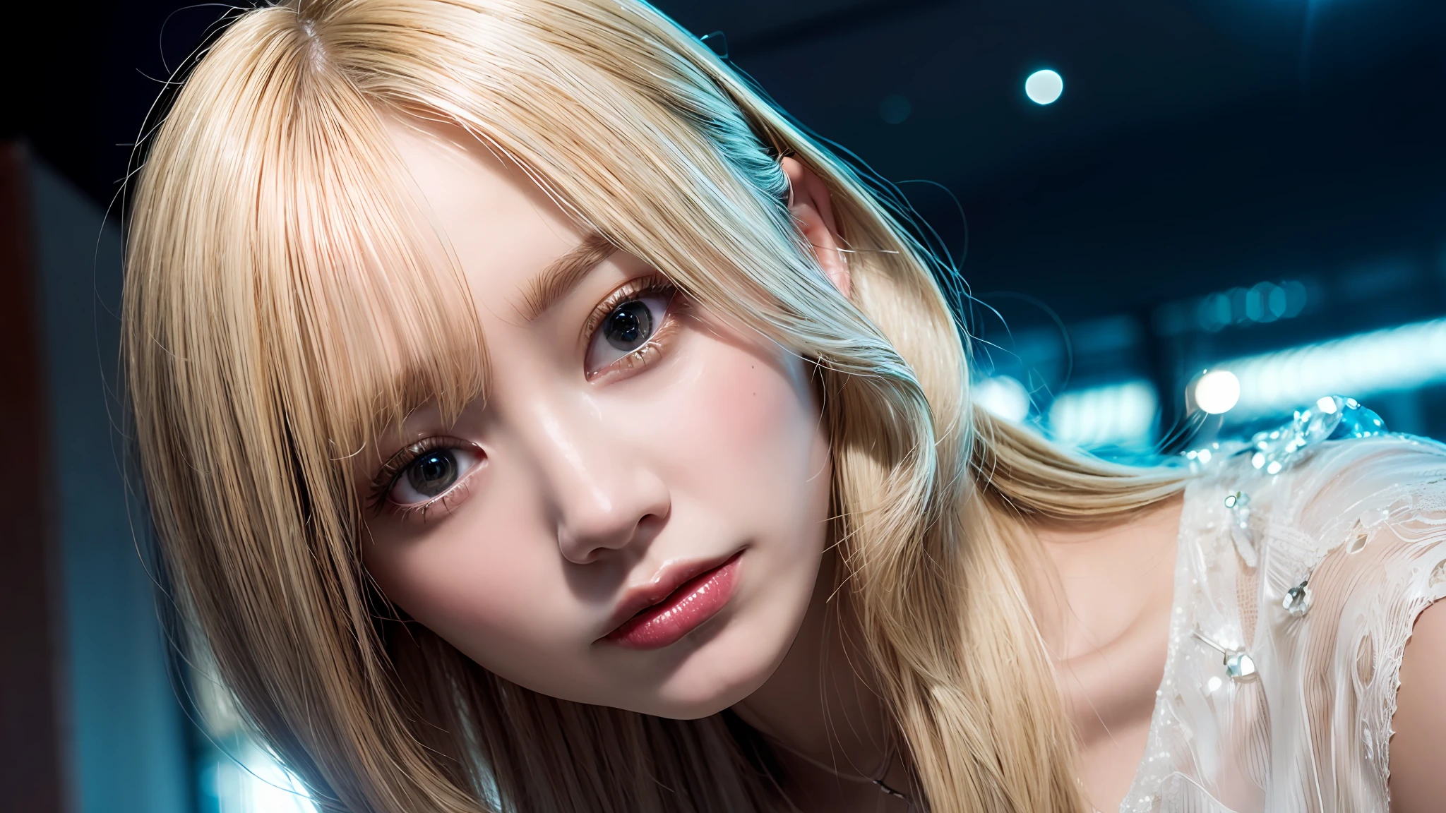 a crystal pendant, Blonde hair, femele, covering eyes, modern, hyper photorealism, Cinematic lighting, Vignetting, projected inset, Close-up, From below, hyper HD, Super detail, Textured skin