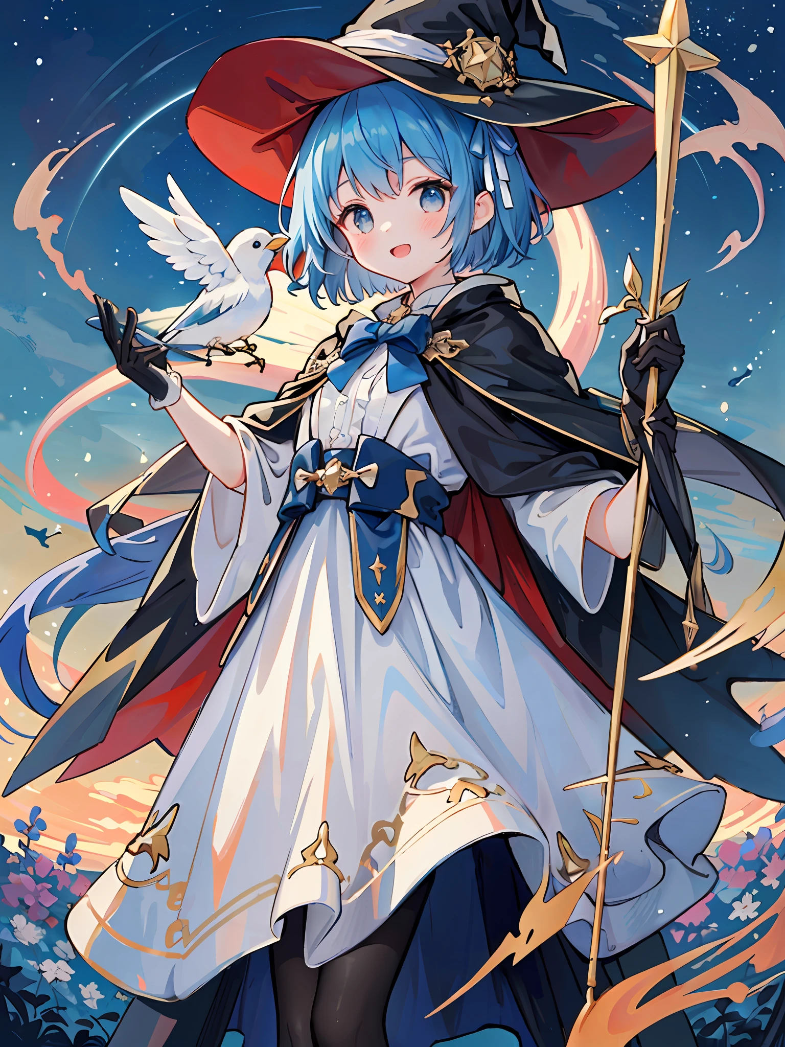 ((masterpiece:1.2, best quality)), 1girl, solo, (witch hat), a close up of a girl with short blue hair, short hair, dress, aurora, night, star (sky), gloves, sky, white dress, night sky, open mouth, starry sky, light blue eyes, ribbon, very shorthair, red dress, smile, hair ribbon, cape, blue hair, (bird), magic, casting spell, dark clouds, night, (impressionism:1.4), alphonse mucha,