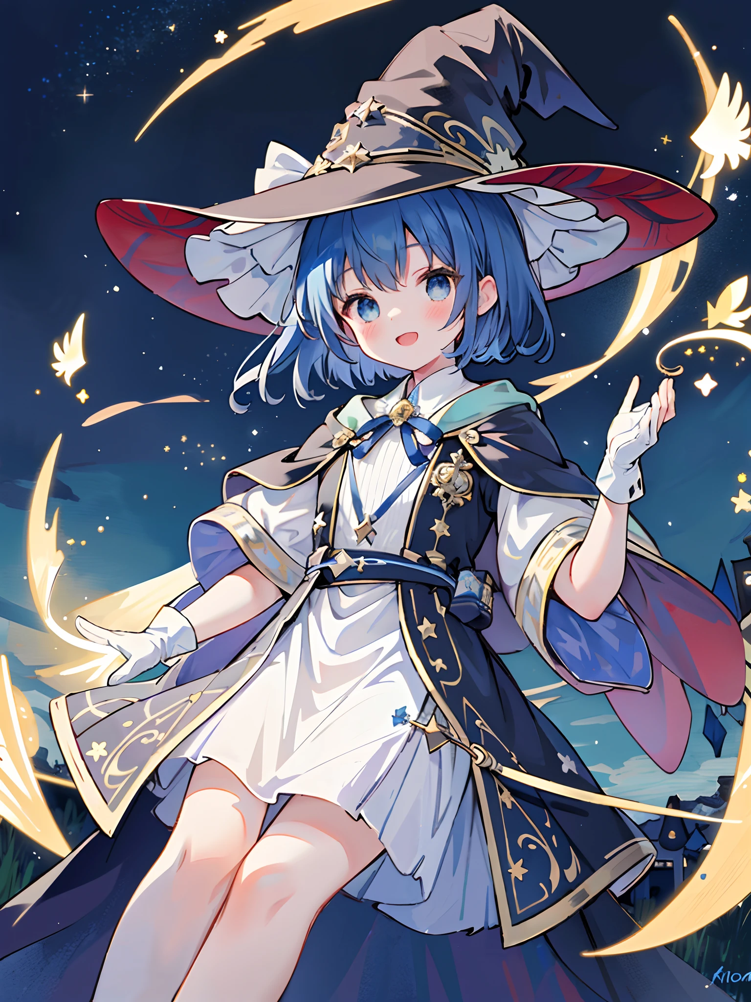 ((masterpiece:1.2, best quality)), 1girl, solo, (witch hat), a close up of a girl with short blue hair, short hair, dress, aurora, night, star (sky), gloves, sky, white dress, night sky, open mouth, starry sky, light blue eyes, ribbon, very shorthair, red dress, smile, hair ribbon, cape, blue hair, (bird), magic, casting spell, dark clouds, night, (impressionism:1.4), alphonse mucha,