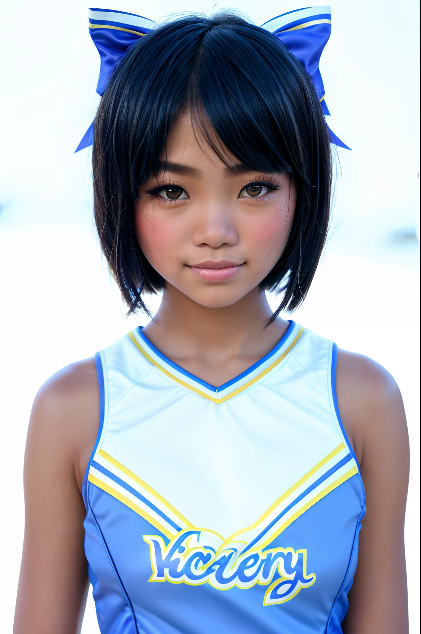 Lifestyle photography photo of a filipina teen in a (cheerleader uniform), ((hair bow)), (dark skin), bob haircut, smile,looking at viewer, upper body framing, no background, under (natural lighting:1.3), shot at eye level, on a Sony A7111, with a (soft focus filter:1.3)