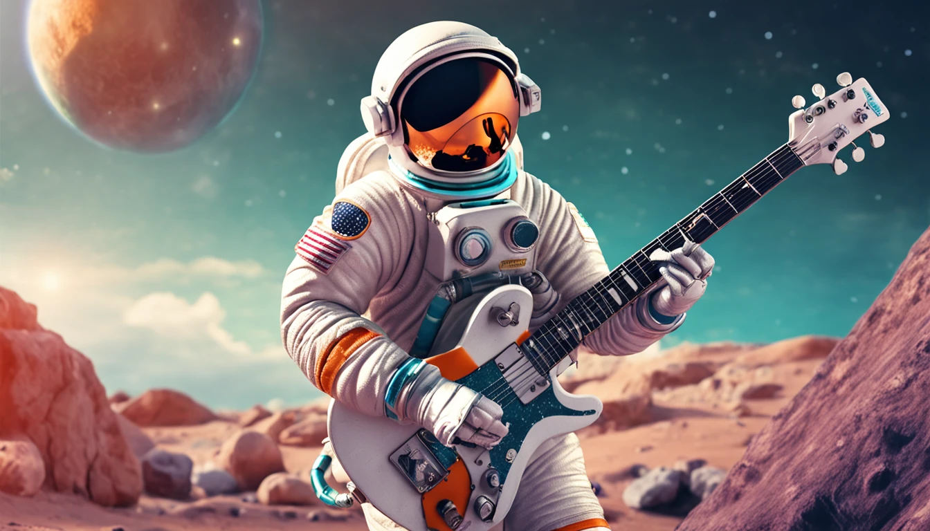 (Detailed description) Astronaut in sunglasses playing an electric guitar of model Les Paul
