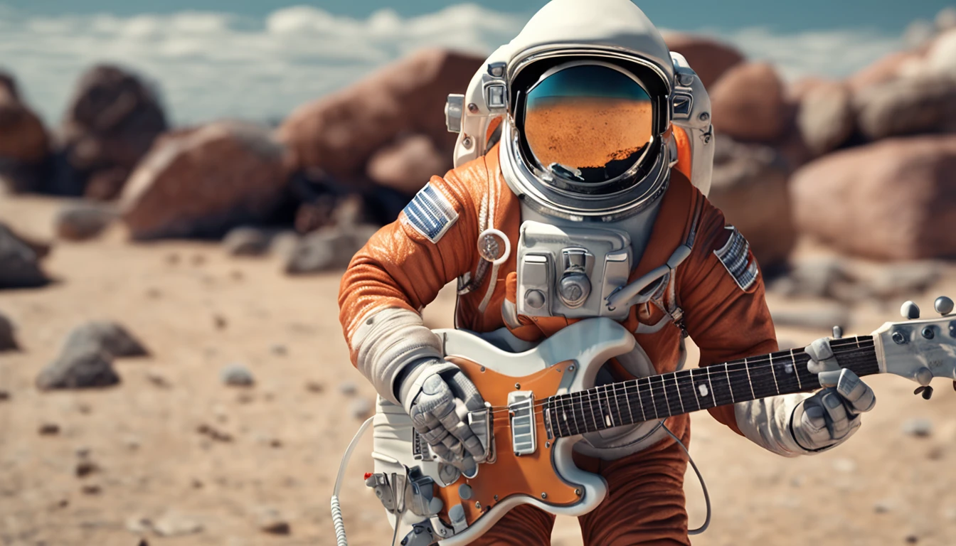 (Detailed description) Astronaut in sunglasses playing an electric guitar of model Les Paul