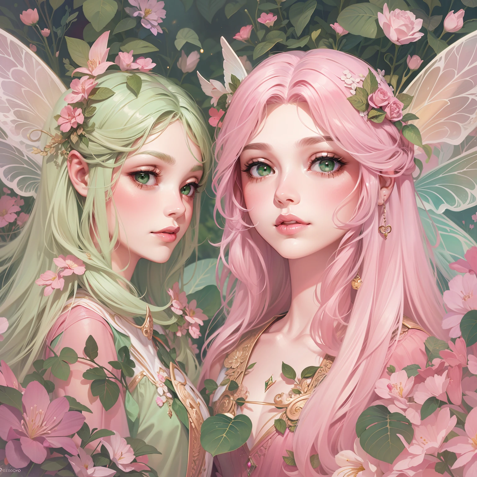 adesivo, fundo simples, portrait, 2 girls, couple, girl with long hair, beautiful fairy girl, fairy aesthetic, beautiful girl, very beautiful fantasy art, beautiful and elegant female fairy, beautiful detailed fantasy, pink and green color palate, pink color-theme