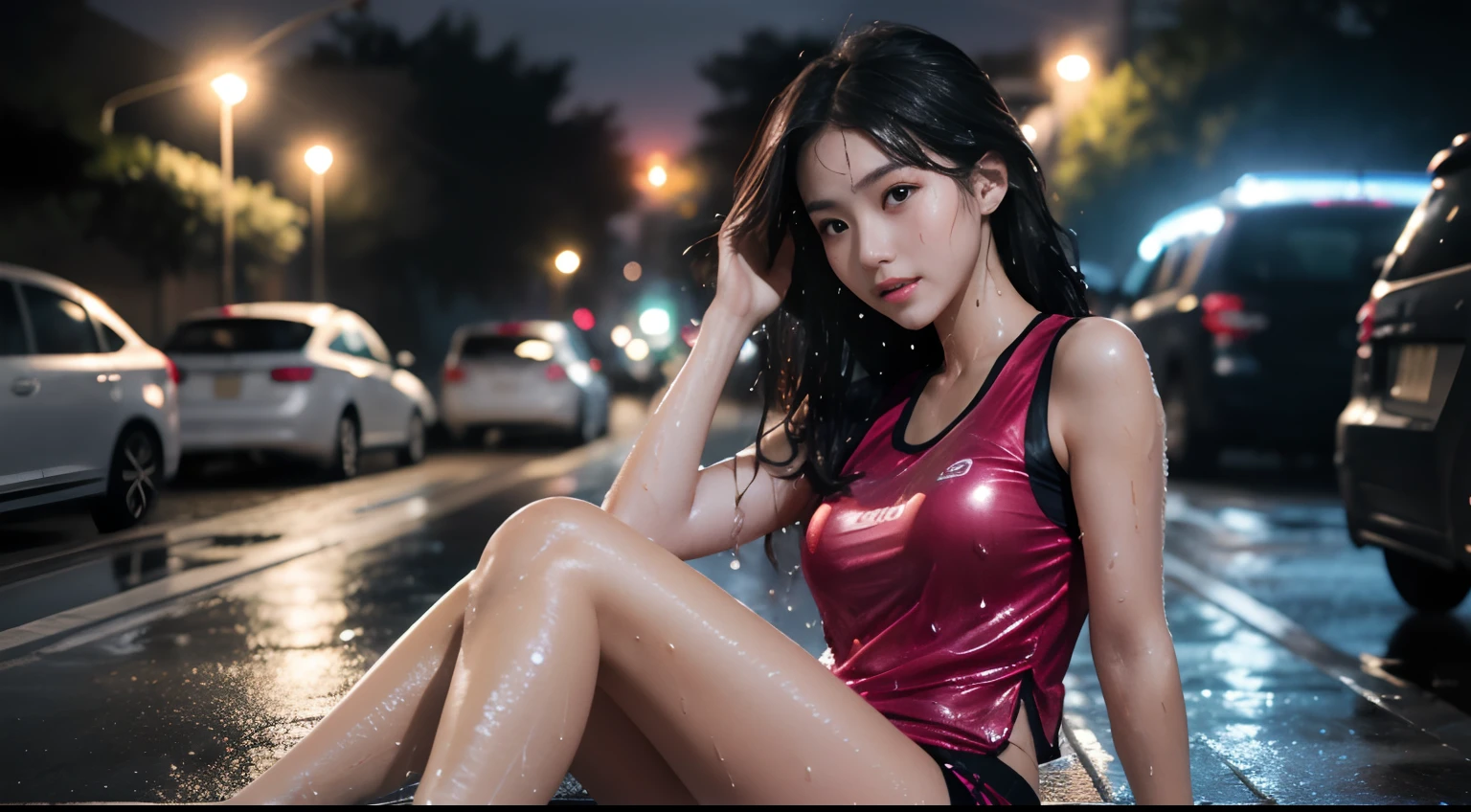 Beautiful in the rain,Side to the lens,Wet sports vest,The light of the street lamp,canon 6d,full bodyesbian,perfect bodies,nabel,beautifullegs,real photograph,Focus on the face,The face is rich in detail,Wet hair,HD imaging,pearls of sweat