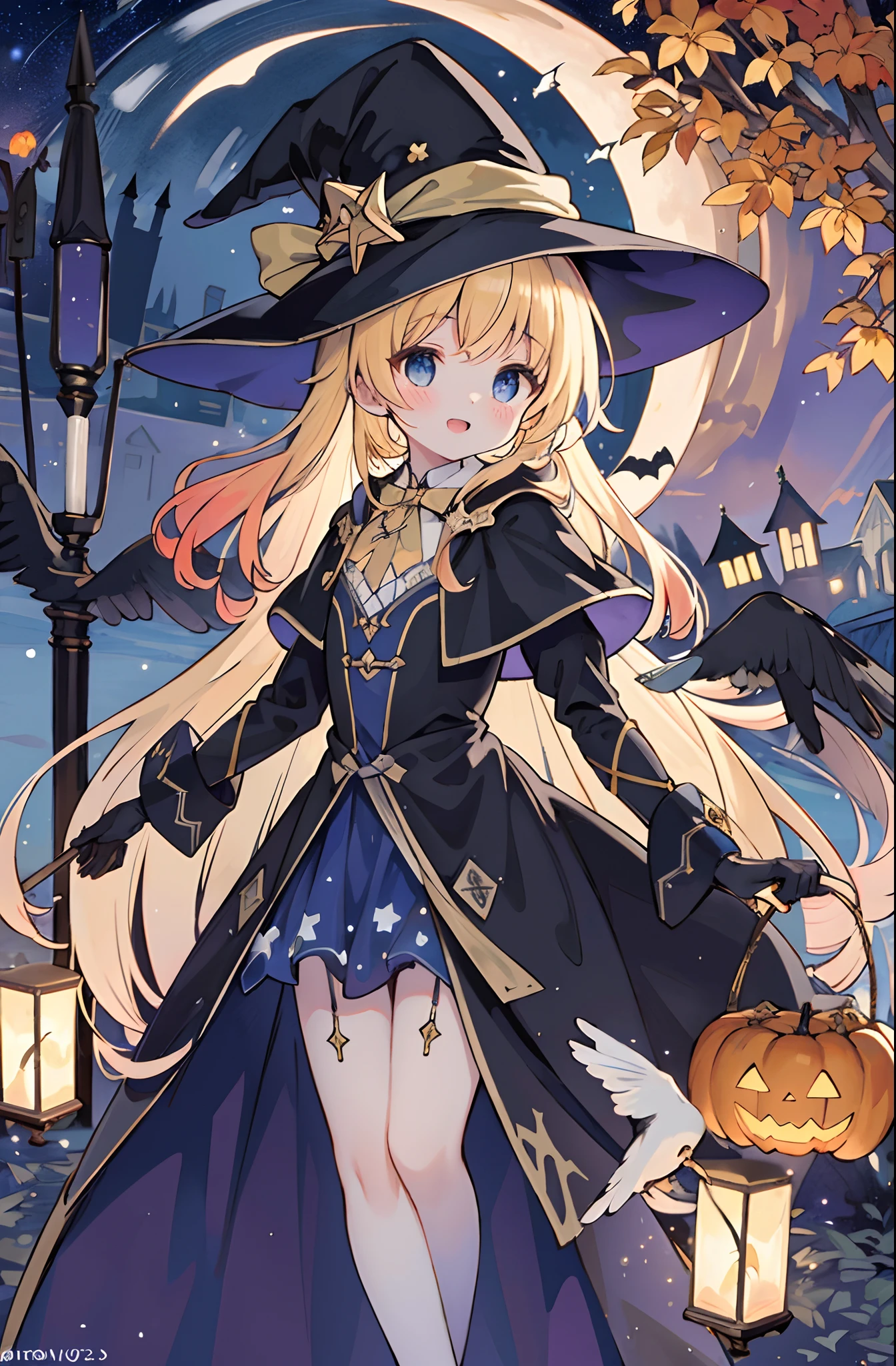 ((masterpiece:1.2, best quality)), 1girl, solo, (witch hat), blonde hair, long hair, dress, aurora, night, star (sky), gloves, sky, white dress, night sky, open mouth, starry sky, blue eyes, ribbon, very long hair, red dress, smile, hair ribbon, cape, blue hair, (bird), magic, casting spell, dark clouds, night, (impressionism:1.4), (tarot:1.3), alphonse mucha, ((halloween colors))