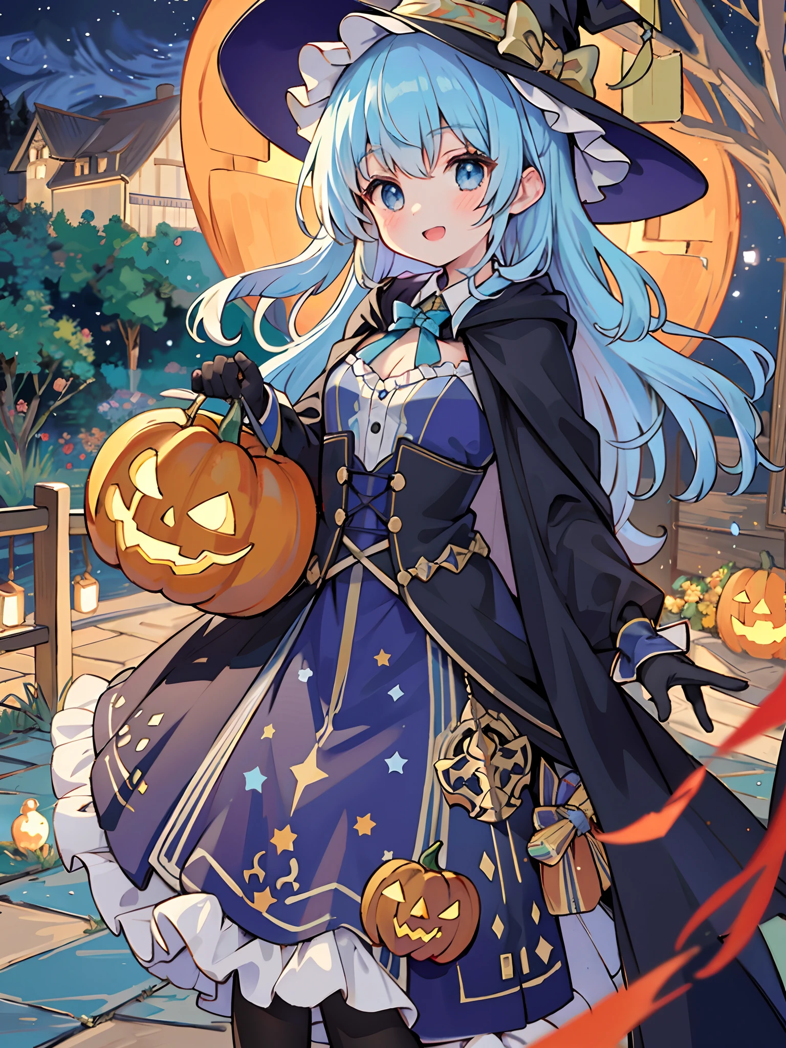 ((masterpiece:1.2, best quality)), 1girl, solo, (witch hat), a close up of a girl with curly hair, dress, aurora, night, star (sky), gloves, sky, dress, night sky, open mouth, starry sky, light blue eyes, ribbons, smile, cape, colorful hair, magic, casting spell, night, (impressionism:1.4), alphonse mucha, Halloween colors, colorful candy, magical lights, pumpkins, candies