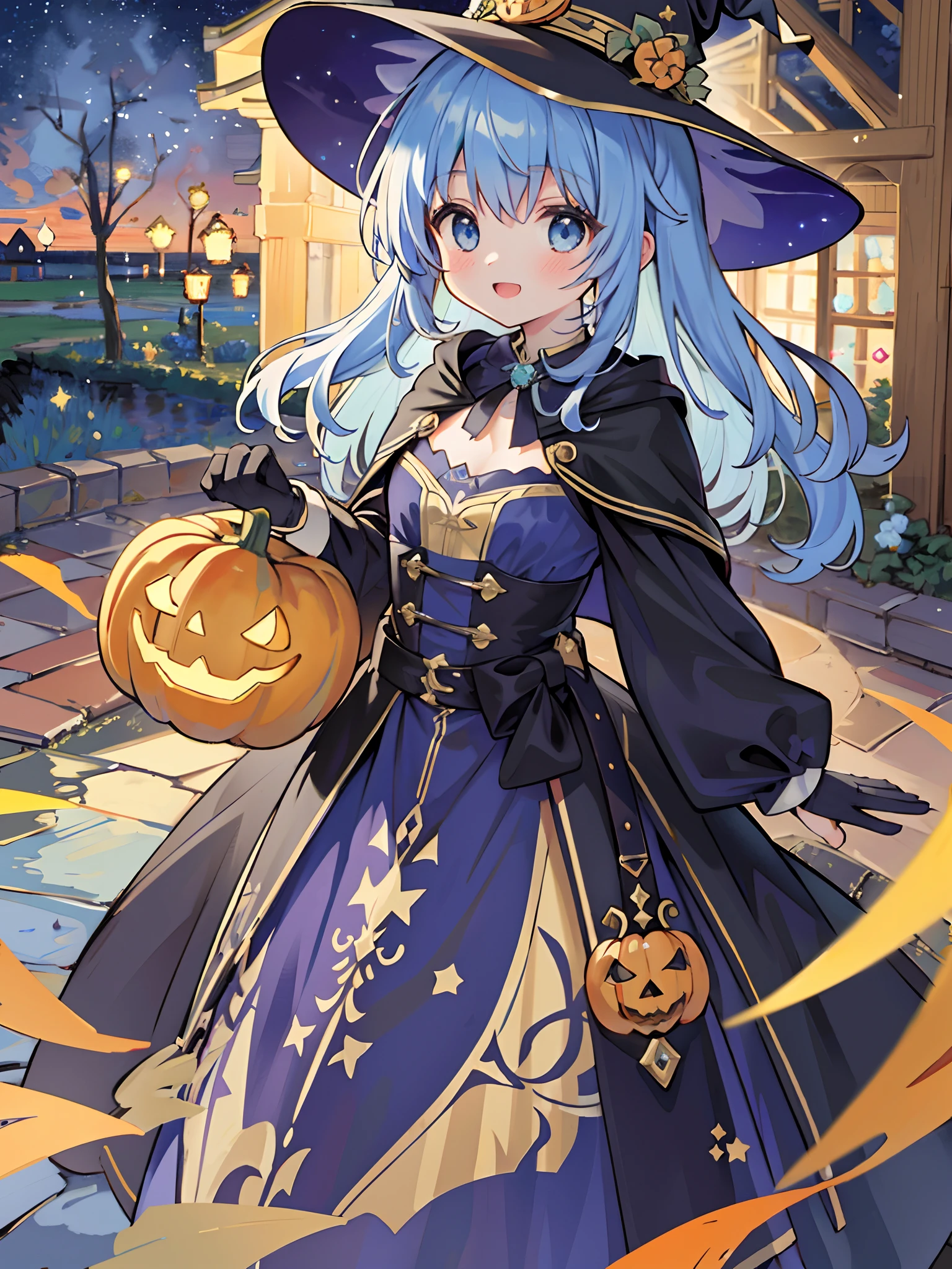 ((masterpiece:1.2, best quality)), 1girl, solo, (witch hat), a close up of a girl with curly hair, dress, aurora, night, star (sky), gloves, sky, dress, night sky, open mouth, starry sky, light blue eyes, ribbons, smile, cape, colorful hair, magic, casting spell, night, (impressionism:1.4), alphonse mucha, Halloween colors, colorful candy, magical lights, pumpkins, candies