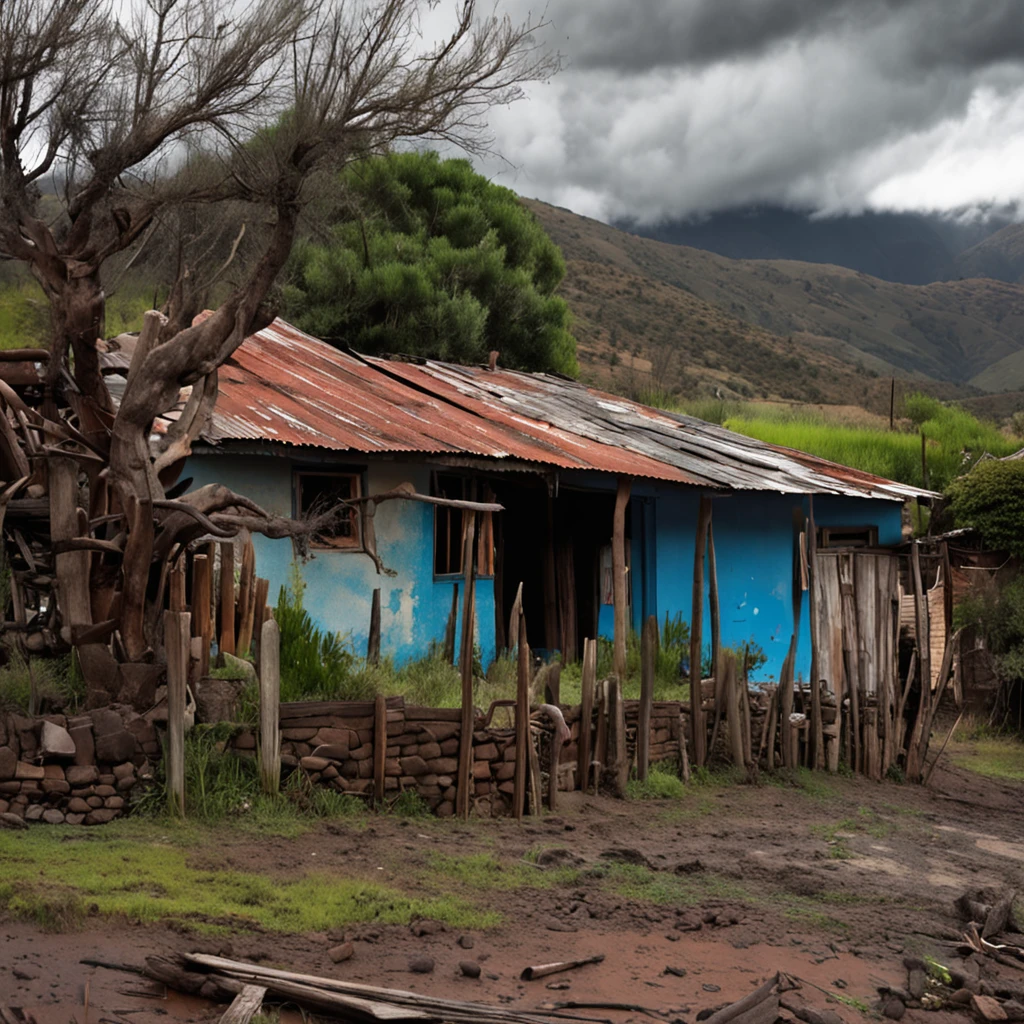 La mejor calidad, Obra maestra, ultrahigh resolution, (realistic photograph:1.4), surrealismo, dream-like, FusionArt, sobre la lluvia en un pueblo rural de chile, at noon, cerca de una linea de trenes