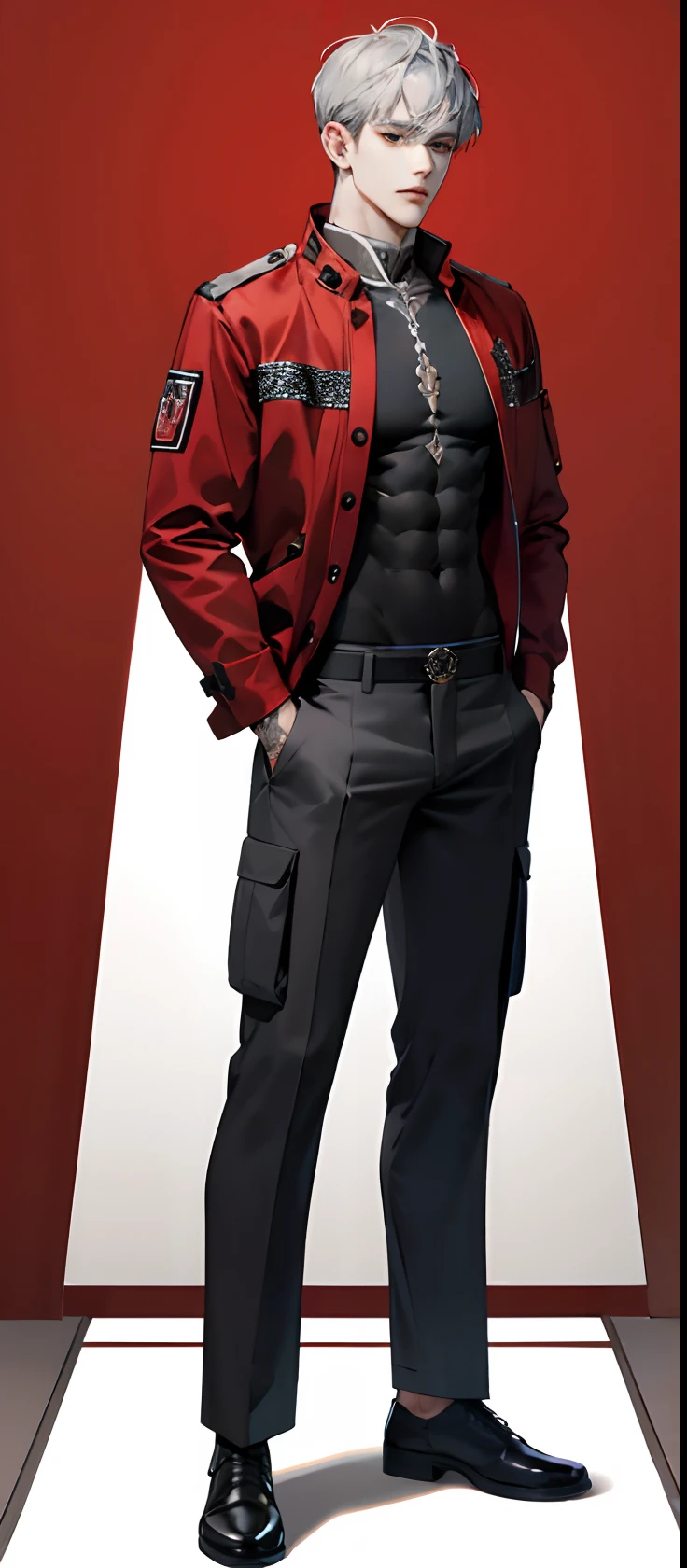 (modern day, k hd, ultra - detailed), (1male people, solo person, AS-Adult,   mature:1.4, Idade:1.4, 年轻, Tall muscular man, Handsome),(Pointed chin:1.4,Thick neck:1.4,) youth，There is a cat tattoo on the neck，There are three-sided Buddha tattoos on the chest（Wearing clothes can only be faintly seen at the neckline）。Silver jewelry，Silver-gray hair，黑The eye，Dark red coat，cargo pants，The clothes are mainly dark。Temperament characteristics：gloomily，obstinate and unruly。