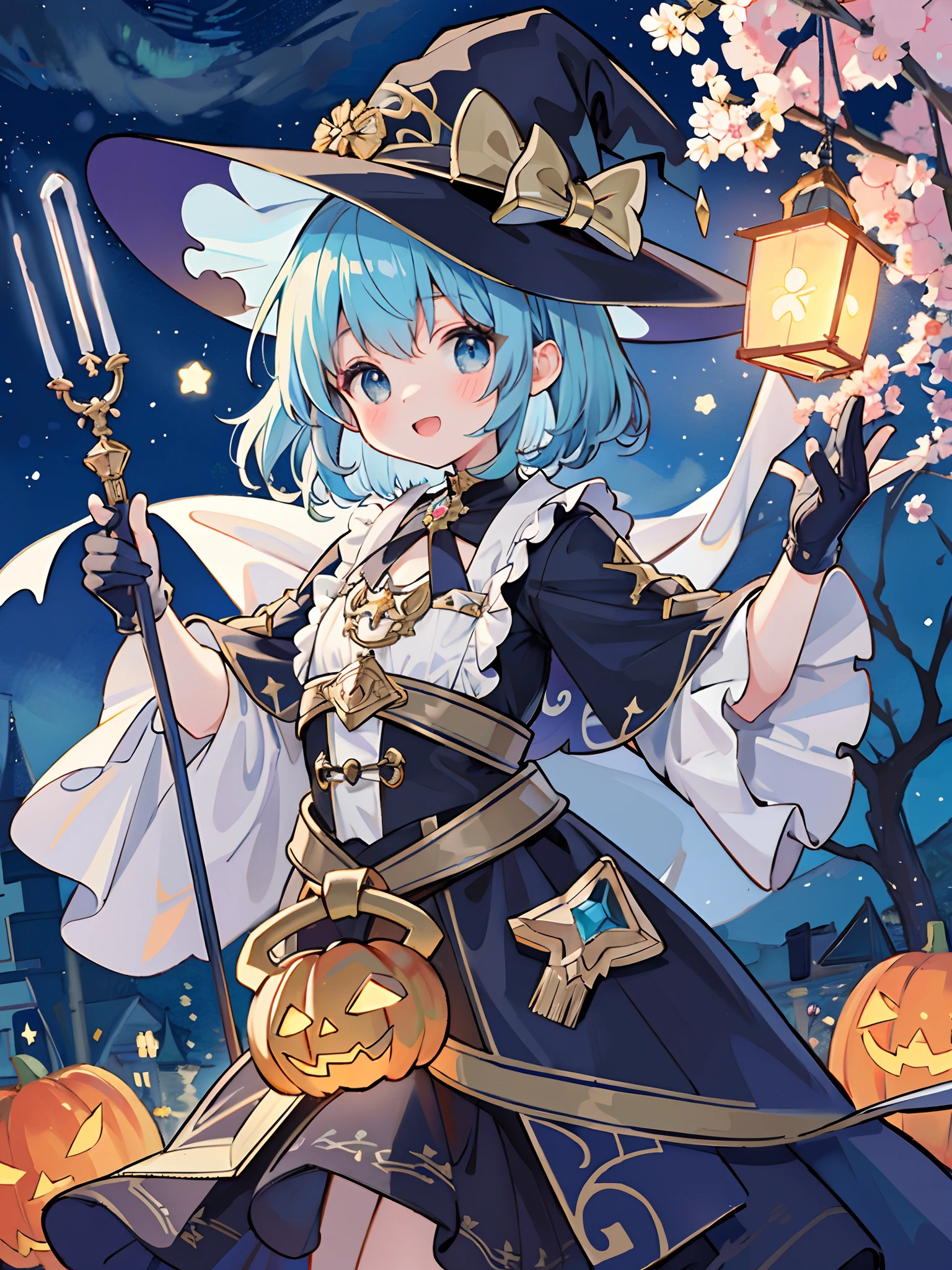 ((masterpiece:1.2, best quality)), 1girl, solo, (witch hat), a close up of a girl with curl hair, short hair, dress, aurora, night, star (sky), gloves, sky, dress, night sky, open mouth, starry sky, light blue eyes, ribbons, smile, cape, blue hair, magic, casting spell, night, (impressionism:1.4), alphonse mucha, Halloween colors, colorful candy