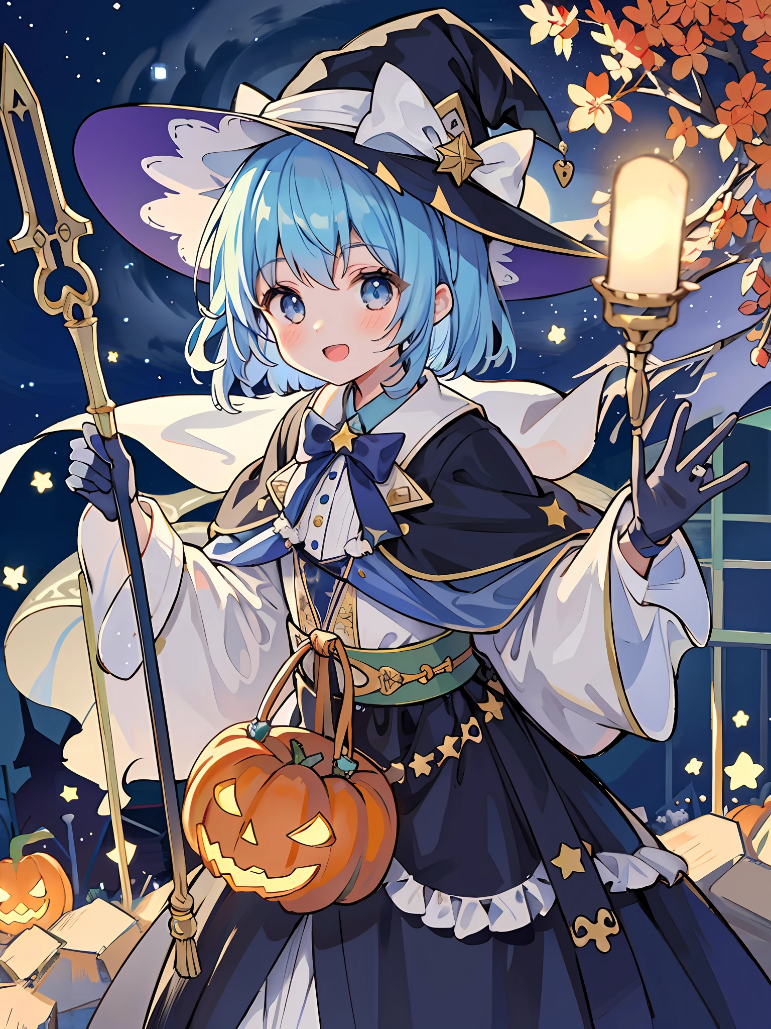 ((masterpiece:1.2, best quality)), 1girl, solo, (witch hat), a close up of a girl with curl hair, short hair, dress, aurora, night, star (sky), gloves, sky, dress, night sky, open mouth, starry sky, light blue eyes, ribbons, smile, cape, blue hair, magic, casting spell, night, (impressionism:1.4), alphonse mucha, Halloween colors, colorful candy