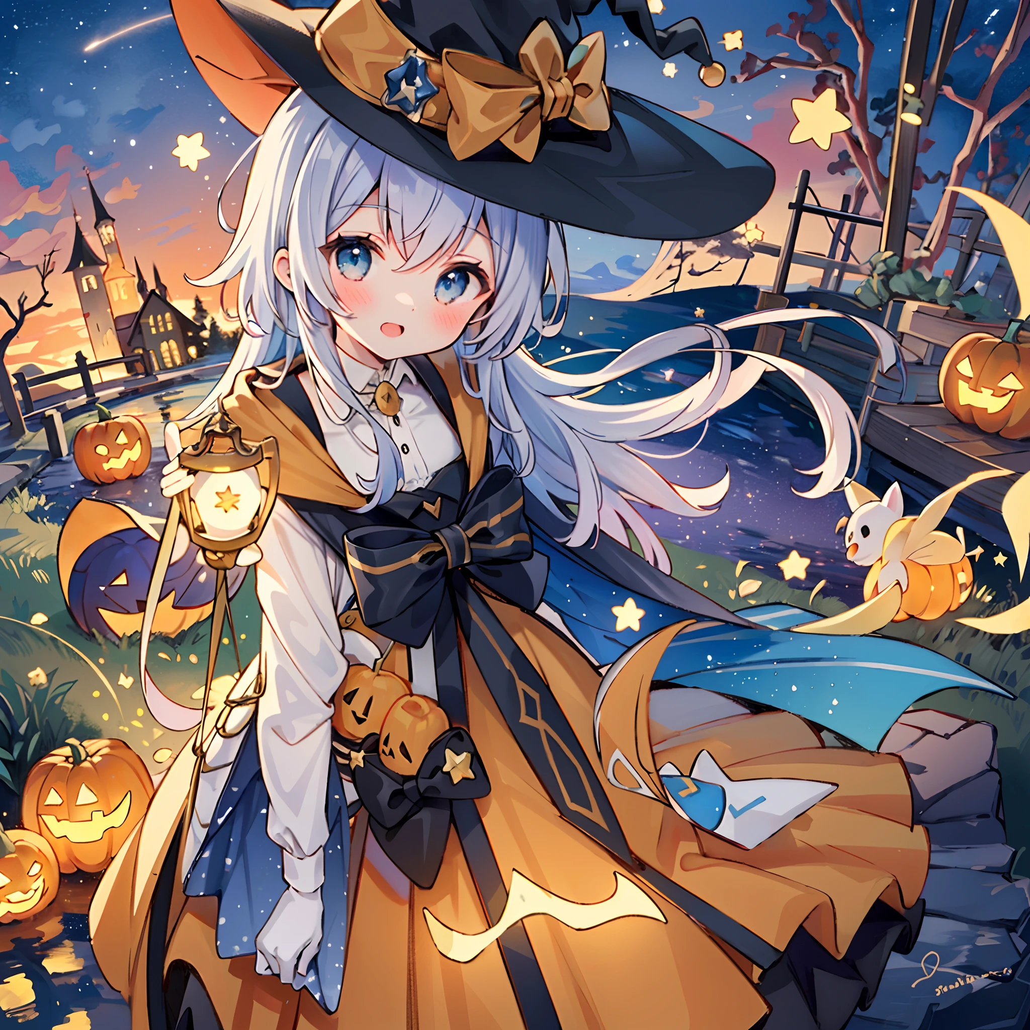 ((masterpiece:1.2, best quality)), 1girl, solo, (witch hat), a close up of a girl with curly hair, dress, aurora, night, star (sky), gloves, sky, dress, night sky, open mouth, starry sky, light blue eyes, ribbons, smile, cape, colorful hair, magic, casting spell, night, (impressionism:1.4), alphonse mucha, Halloween colors, colorful candy, magical lights, pumpkins, candies