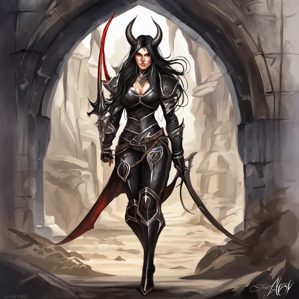 a dark female tiefling, evil eyes, wearing leather black armor, dark silver, pale dark skin, bright eyes, intricate horns, black hair flowing, long hair, athletic, muscular, hot, malicious eyes, epic angle, dark background, medieval fantasy, art by Alan Lee