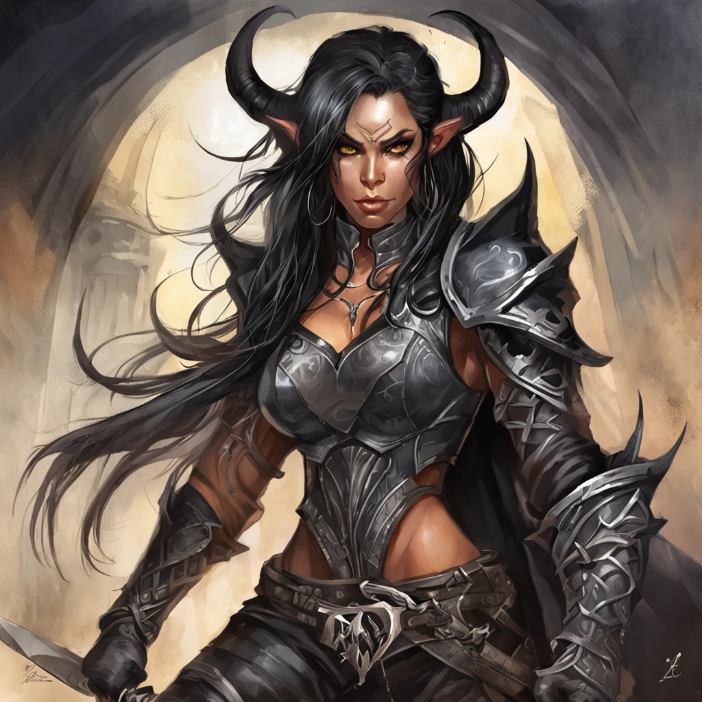 a dark female tiefling, evil eyes, wearing leather black armor, dark silver, pale dark skin, bright eyes, intricate horns, black hair flowing, long hair, athletic, muscular, hot, malicious eyes, epic angle, dark background, medieval fantasy, art by Alan Lee