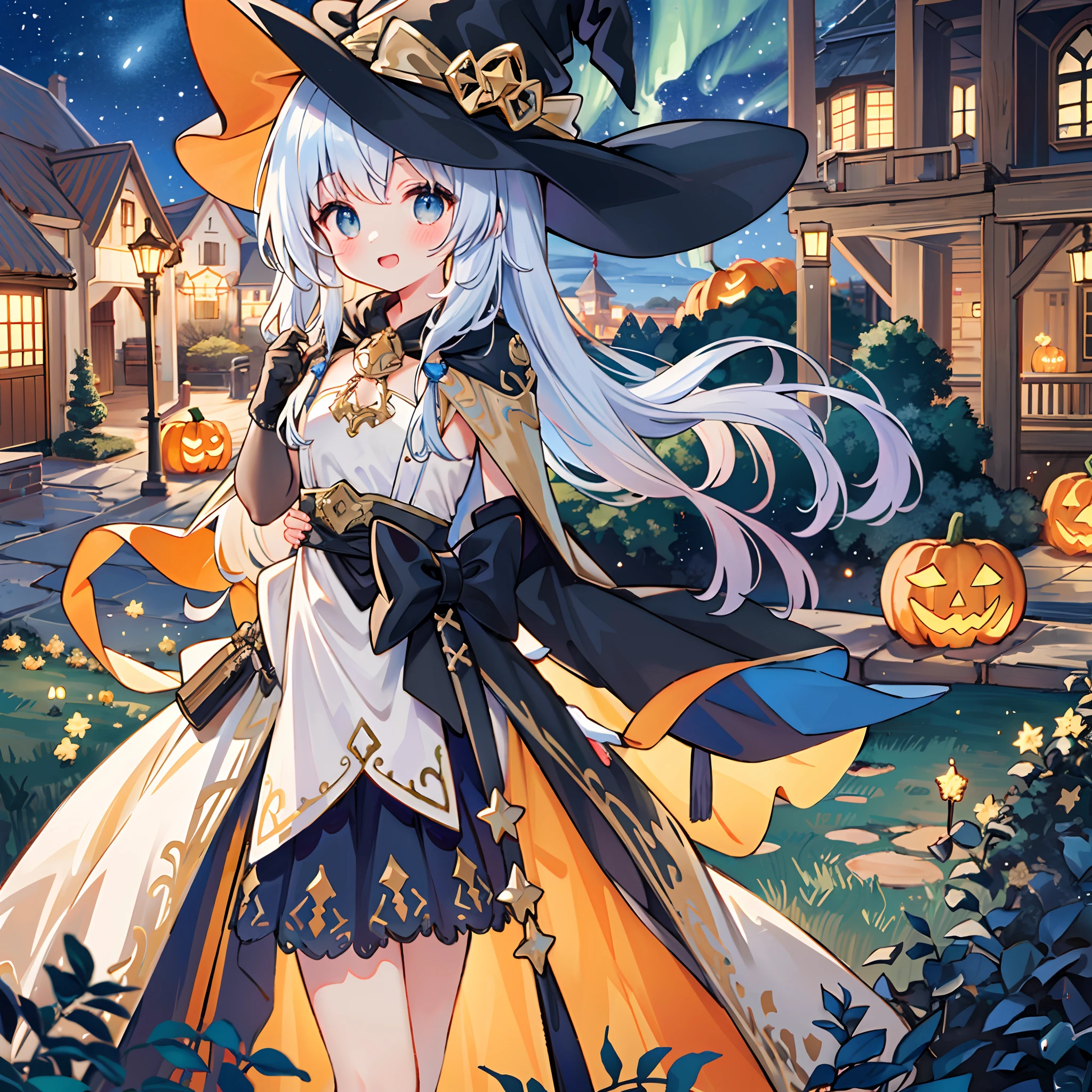 ((masterpiece:1.2, best quality)), 1girl, solo, (witch hat), a close up of a girl with curly hair, dress, aurora, night, star (sky), gloves, sky, dress, night sky, open mouth, starry sky, light blue eyes, ribbons, smile, cape, colorful hair, magic, casting spell, night, (impressionism:1.4), alphonse mucha, Halloween colors, colorful candy, magical lights, pumpkins, candies
