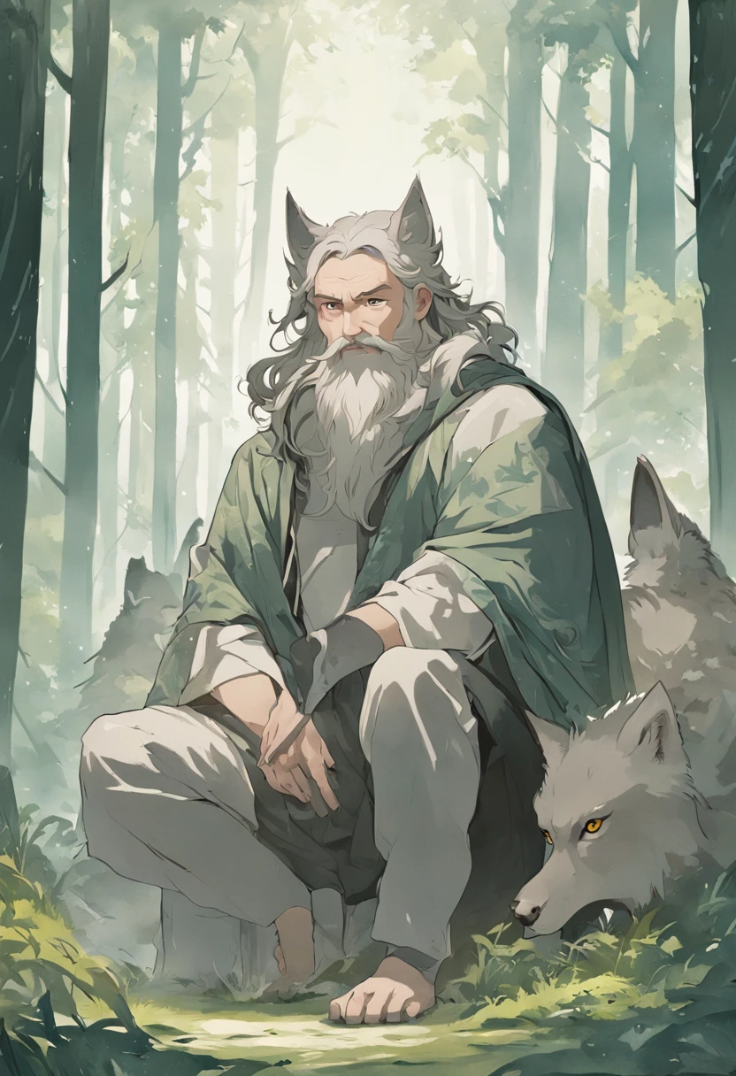 (White background:1.4),(Symmetrical:1.5),(masterpiece Oriental elements), （Rus - chic illustration:1.2, Vector painting:1.2), 1 man, Byzantium, adult man, beard, short hair, hoop on head, man sitting in a clearing, forest, forest in the background, fairy-tale environment, huge gray wolf in the background, Slavic mythology, majestic beast, framed, masterpiece, ccurate, anatomically correct, 4K, highres