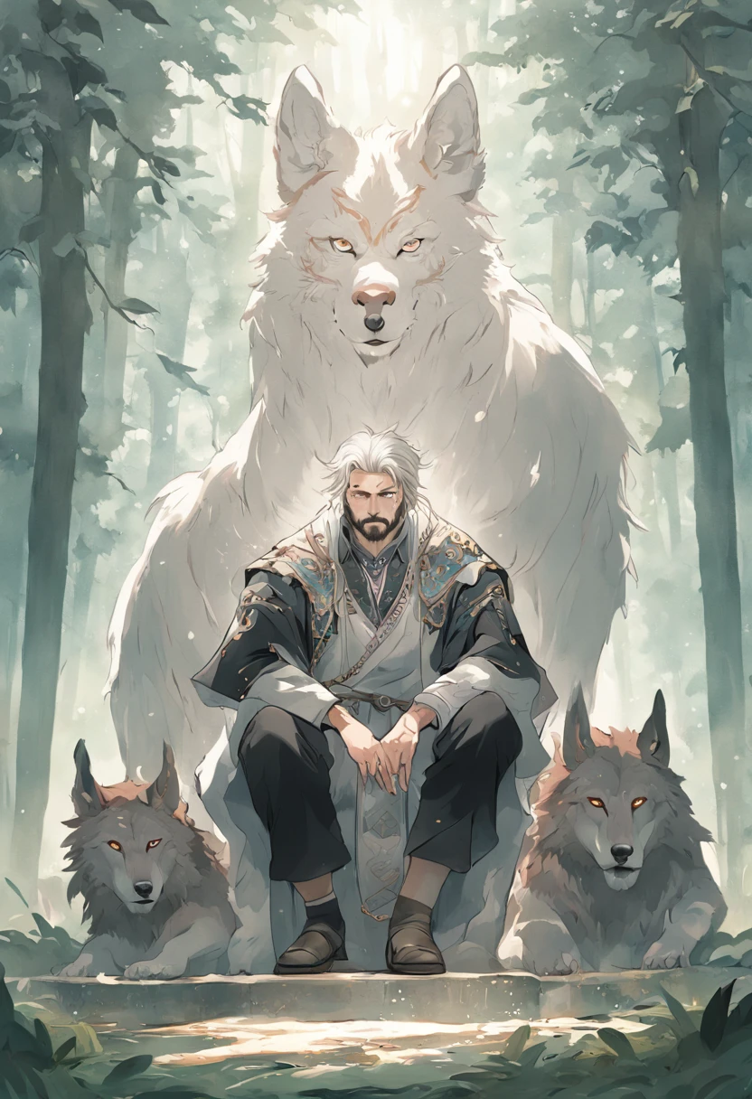 (White background:1.4),(Symmetrical:1.5),(masterpiece Oriental elements), (Rus - chic illustration:1.2, Vector painting:1.2), 1 man, Byzantium, adult man, beard, short hair, hoop on head, man sitting in a clearing, forest, forest in the background, fairy-tale environment, huge gray wolf in the background, Slavic mythology, majestic beast, framed, masterpiece, ccurate, anatomically correct, 4K, highres