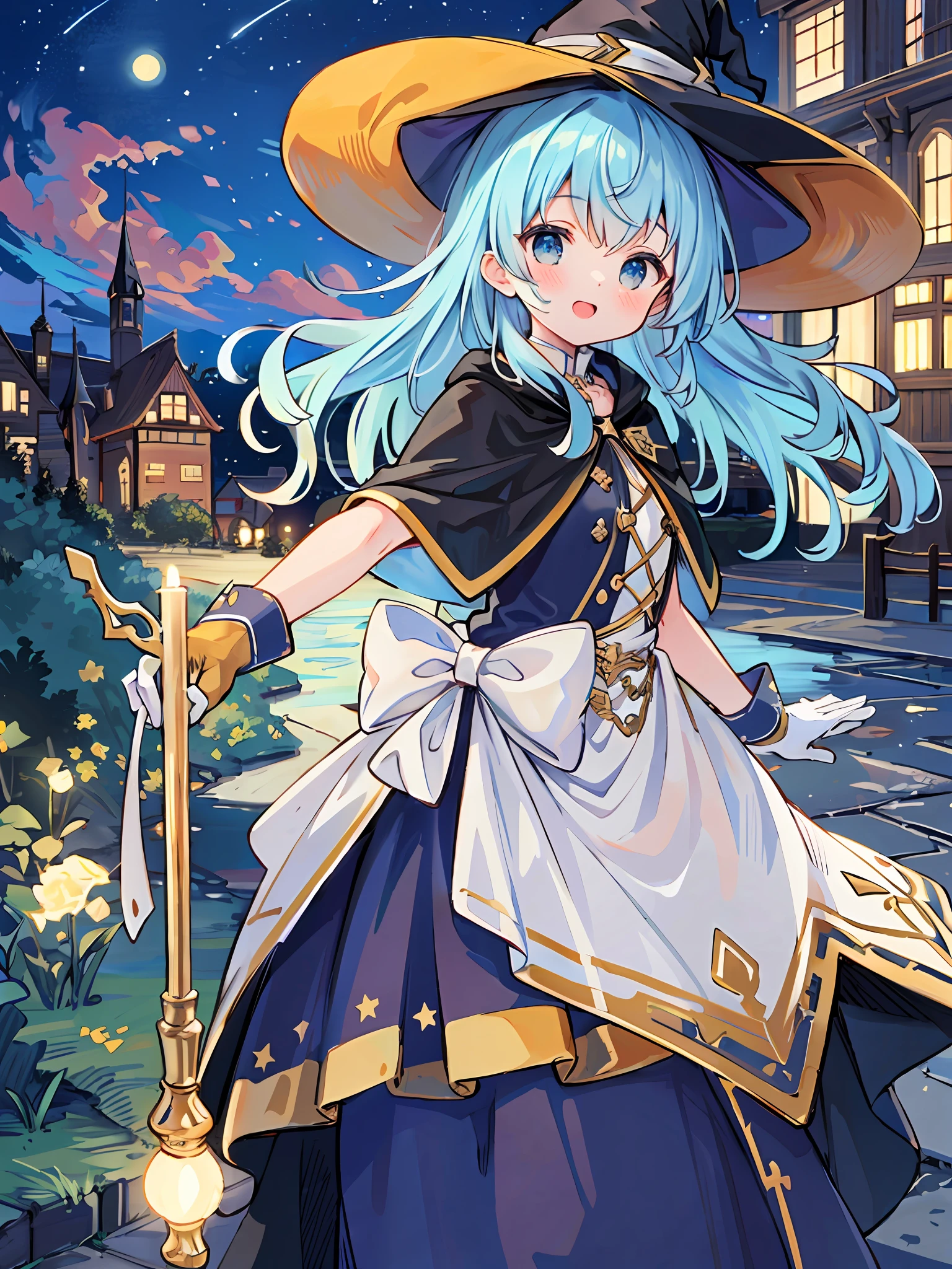 masterpiece, best quality, sharon, 1girl, witch hat, blue hat, blue robe, smile, brooch, blue ribbon, small dress, white dress, blue bow, green eyes, loose sleeve, portrait, blue hair, (short hair:0.7), flower garden,
