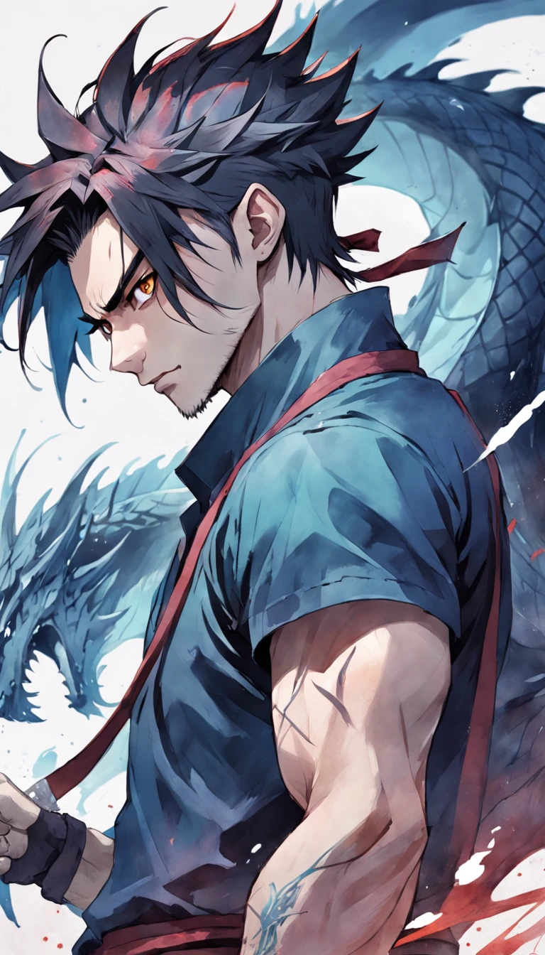 T-shirt design, illustration watercolor, centered artwork, fierce dragon background, watercolor painting style, ))) yasuo, league of legends, yasuo_(league_of_legends), weapon, 1man, solo, male focus, sword, grayscale , ponytail, long hair, manly, fierce, holding, face scar, upper body, incredibly strong, rita rossweisse, gothic colors, tension horror mood, Artlist_Milli-Liter, watercolor style, ink style, sketch style , hand-painted lines, Edge line, ink mark, Pencil line, vivid colors, super realistic, textured skin