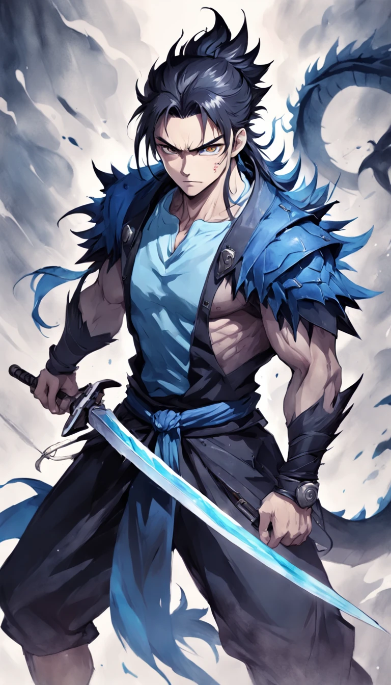 T-shirt design, illustration watercolor, centered artwork, fierce dragon background, watercolor painting style, ))) yasuo, league of legends, yasuo_(league_of_legends), weapon, 1man, solo, male focus, sword, grayscale , ponytail, long hair, manly, fierce, holding, face scar, upper body, incredibly strong, rita rossweisse, gothic colors, tension horror mood, Artlist_Milli-Liter, watercolor style, ink style, sketch style , hand-painted lines, Edge line, ink mark, Pencil line, vivid colors, super realistic, textured skin