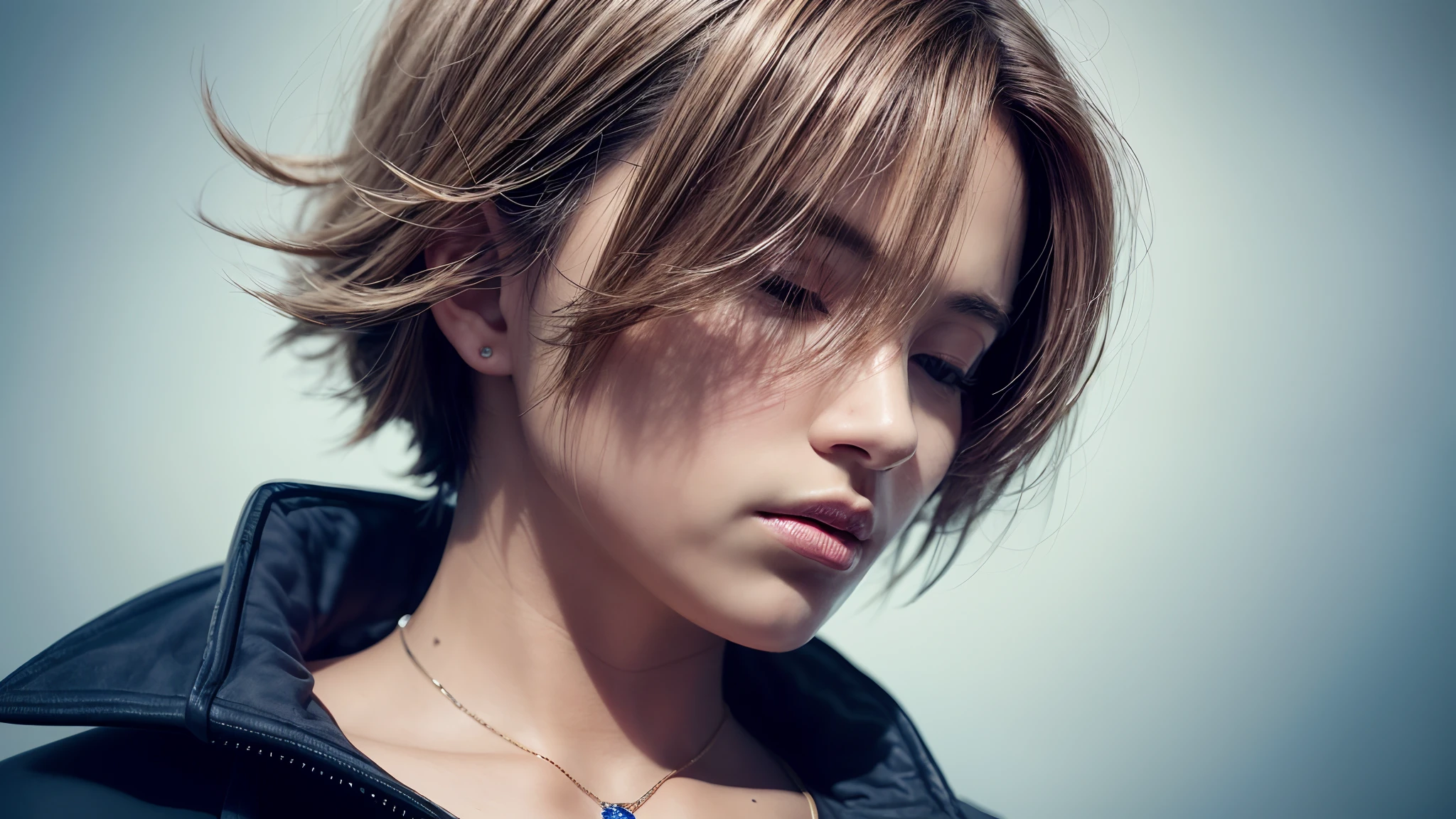 a crystal pendant, Blonde hair, Messy hair, widow peak, covering eyes, torogao, modern, hyper photorealism, Cinematic lighting, Vignetting, projected inset, Close-up, From below, macro photograph, hyper HD, Super detail, Textured skin