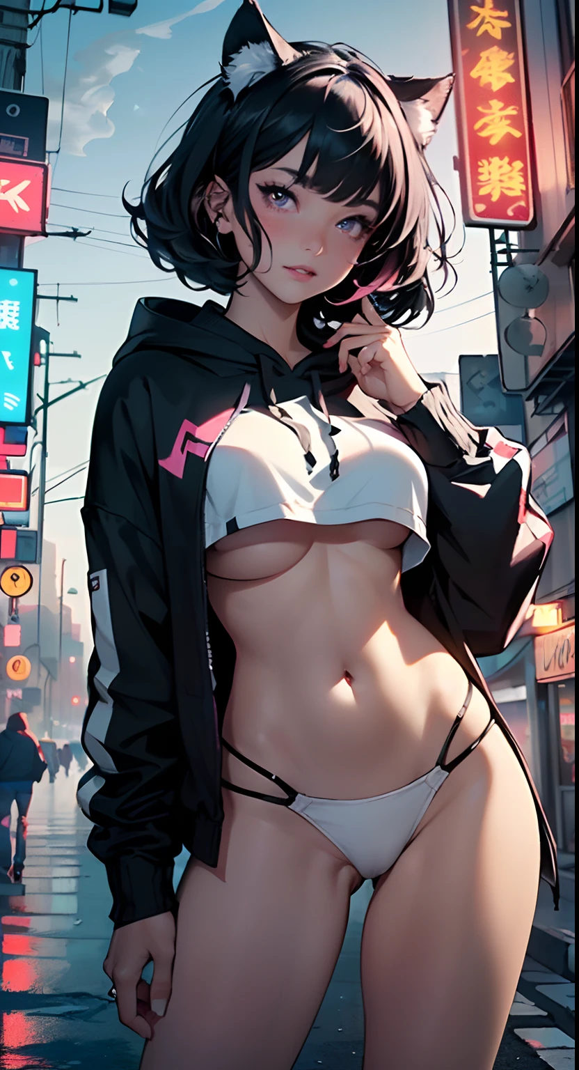 girl spacepunk,(((1girl))),((anime girl with extremely cute and beautiful black hair cat ears walking seductively down the street)),

(large breasts:1.4),saggy breasts,((((black wavy bob hair:1.35,messy hair,colored inner hair,ear breathing)))),((((cat ears,cat ears on head,big cat ears)))),((pink eyes:1.3,upturned eyes:1.3,perfect eyes,beautiful detailed eyes,rainbow glows ultra-detailed deep pink purple eyes:1.1,gradient eyes:1,finely detailed beautiful eyes:1,symmetrical eyes:1,big highlight on eyes:1.2)),((fat)),(((lustrous skin:1.5,bright skin: 1.5,skin tanned,shiny skin,very shiny skin,shiny body,plastic glitter skin,exaggerated shiny skin))),(spider lower abdomen,narrow waist,wide hip,athletic body,inflated legs,delicate detailed fingers,detailed body,detailed arms,human hands,(detailed face)),

cute,slutty,seductive,erotic,(((nsfw))),

zettai ryouiki,revealing clothing,show skin,((((underboob)))),(cleavage),(semi-naked,with little clothing,((tiny thong)),bare legs,visible thong straps),((((crop top hoodie,cropped hoodie,hoodie,hoodie intricate)))),((detailed outfit,detailed clothes)),

(dynamic pose:1.0),solo focus,embarrassed,centered,scale to fit dimensions,Rule of thirds,

outdoors,((night view)),(very pretty city neon synthwave,cyberpunk night street Background:1.5,dark sky,thick clouds),future vehicles,((neon lights)),thick clouds,(cyberpunk style,neon lights, (synthwave theme background), lonely street),(((detailed background:1.25))),

(best quality),(high resolution),(sharp focus),(ultra detailed),(extremely detailed),(extremely high quality artwork),8k_wallpaper,(extremely detailed CG 8k),(very fine 8K CG),((hyper super ultra detailed perfect piece)),flawless,(((masterpiece))),illustration,vibrant colors,(intricate),High contrast,Selective lighting,Double exposure,HDR (High Dynamic Range),Post-processing,Background blur,