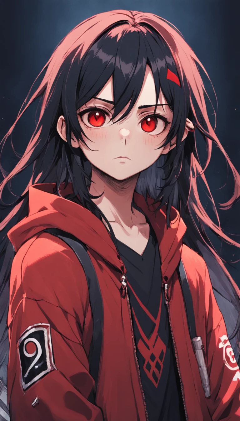 young boy with black and red long hair and red eyes,red cardigan, in the style of subtle ink application, appropriation artist, gothcore, zbrush, character caricatures, portraitures with hidden meanings, painted illustrations --ar 6:7 --s 750 --niji 5