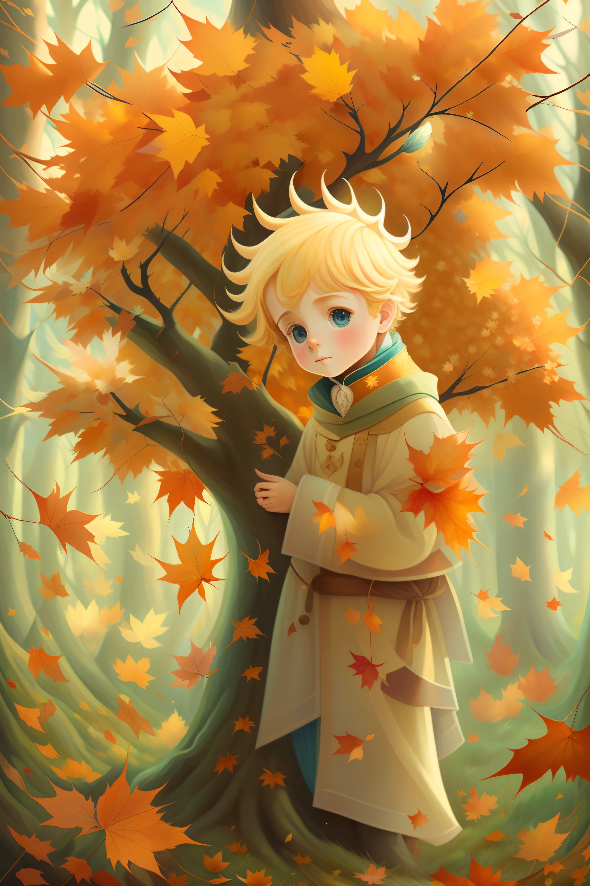 imagem(( rapaz ))Com uma raposa e uma folha de bordo,(( the little prince)), Portrait of a magical blonde prince, pintura de conto de fadas, Uma obra-prima de luz brilhante, The Prince of Autumn ,((maple tree)),outono,breathtaking art, illustartion!, coronation of the flower prince, Directed by: Anna Haifisch, Directed by: Julia Pishtar, Fantastic Art, Uma obra de arte de conto de fadas, arte inspiradora, fantasia raposa amor, Fantastic artwork