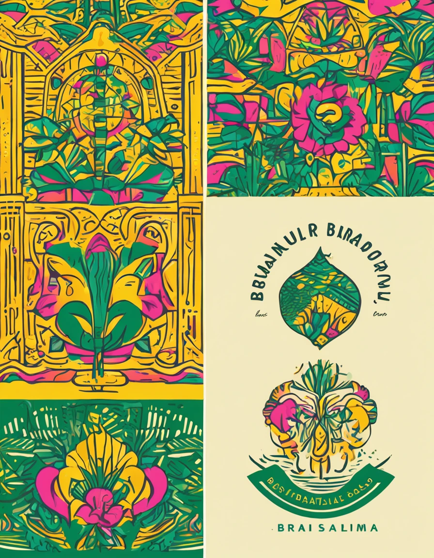 "Desenvolva um logo para uma marca brasileira de roupas que capture a energia vibrante e diversidade cultural do Brasil. The brand is known for its unique and colorful creations, that reflect the joy and authenticity of the country. Integrate iconic elements of Brazilian culture, as the lush flora of the Amazon, The contagious rhythm of Brazilian music and the passion for football. The font of the logo should be dynamic and energetic, e as cores devem incluir tons tropicais e vivos. Make sure the logo conveys the feeling of an authentic and engaging experience in Brazil."