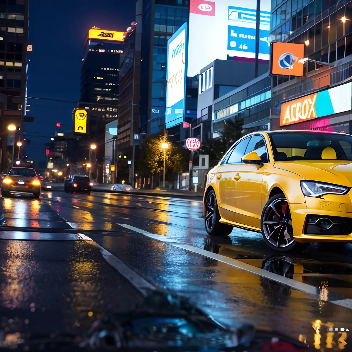 Arafed car AUDI A4 2014 yellow driving down a city street at night, amarelo brilhante, editing, vehicle photography, fotografia comercial do carro, Atmosfera Neon, fotografia automotiva, advertising photo, Headlights glow with neon light, destacar, imagem de alta qualidade, uma imagem, fotografia automotiva, hiper realista ", hiper realista", dynamic angled shot, bem editado, Car photography, Inspirador, cinematic full shot, wet floor, bastante neon nas paredes