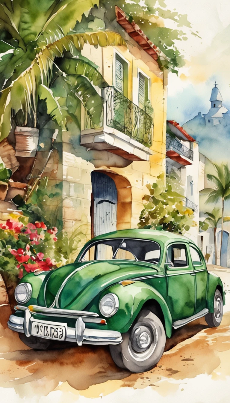 Imprima um poster antigo, Adobe Illustrator, imagem vetorial de um carro verde claro, modelo Volkswagen fusca 1950, On the edge of a beach in the Caribbean, com palmeiras, Old buildings of Havana, ::n_baixa qualidade, boneco, anime, imperfeito, Texto, assinatura.