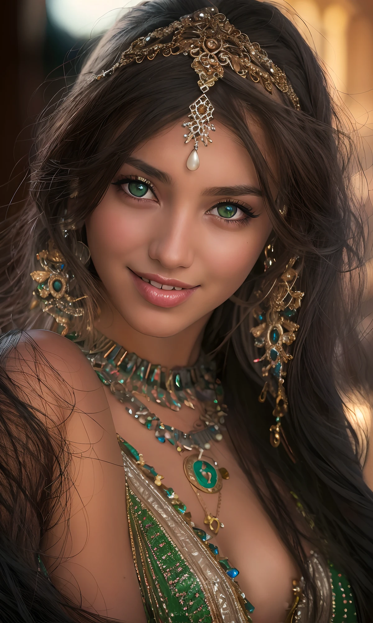 Best quality, masterpiece, ultra high res, (photorealistic:1.4), raw photo, 1girl, Arabian girl, full body shot, perfect face detailed, green eyes , short clothes, deep body detailed, low key, cold light, teasing smile,  Necklaces, Bracelets, Hair Accessories, Earrings, Headbands, pub,  bar, Dubai, nsfw